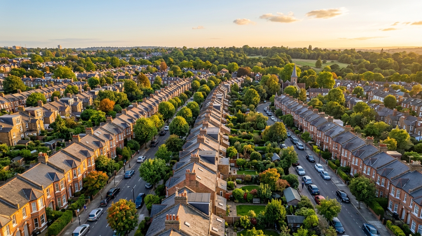 Aerial view of traditional English suburban neighbourhood with red-brick terraced houses and green gardens